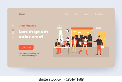 New robotic employee. Humanoid robot shaking hands with businessman in office flat vector illustration. Technology, innovation, robotics concept for banner, website design or landing web page