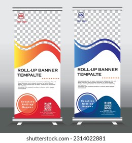 New Roll up banner vertical template design, business, x-banner and standee banner advertising. vector illustration blue and red roll up banners - vector template