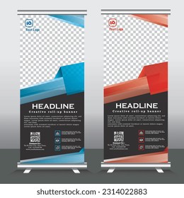 New Roll up banner vertical template design, business, x-banner and standee banner advertising. vector illustration blue and red roll up banners - vector template