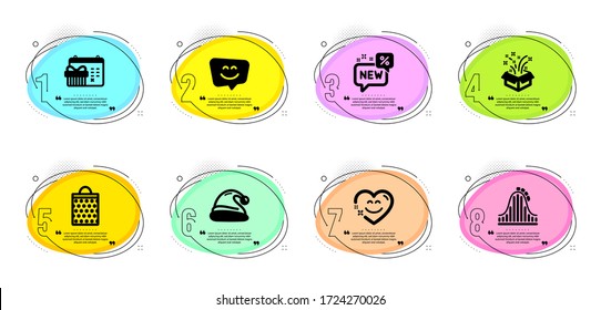 New, Roller coaster and Christmas calendar signs. Timeline infographic. Smile face, Gift and Santa hat line icons set. Shopping bag, Smile chat symbols. Chat, New year. Holidays set. Vector