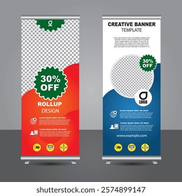 New rollup banner template bundle. advertising, background, banner, biochemistry, biology, blue, brochure, business promotion signage standee vector layout, blue orange simple design