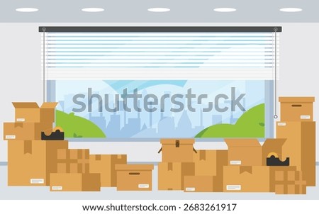 New room with full of boxes cardboard containers, Large stack of moving boxes.