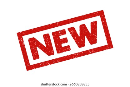 Nuevo sello de goma tinta roja sello grunge efecto granulado Ilustración vectorial llegada de productos frescos oferta de negocios Web en línea ecommerce