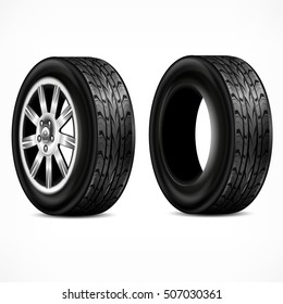 New rubber tire and metalic wheel on white background. Tyres wheels for racing concept. Vector illustration