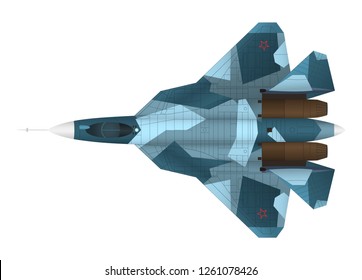 The new Russian multirole stealthy five generation's Jet Fighter. Isolated full detailed vector's object on white background. Top view.