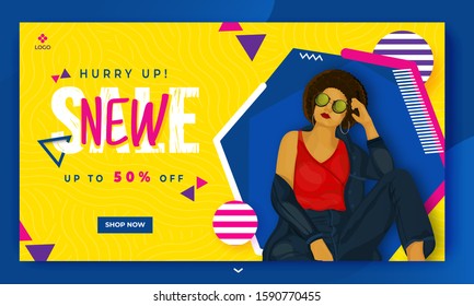 New Sale banner design with 50% discount offer and fashionable woman character on abstract background.