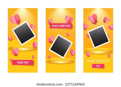 New sale banner design templates  with orange background. Insta story banners set. Circle 3d vector podium.  3 winner pedestals. Yellow backdrop with spot light. Vintage photo frames. Romantic hearts.