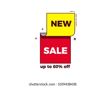 New Sale words on modern trendy geometric design with bright red and yellow colors and thin outline. Vector banners, tags, labels, stickers for your projects