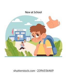 New at school concept. Shy boy going to unknown place, supported by thumbs up. First steps into bustling schoolyard, capturing the anticipation of new beginnings. Flat vector illustration