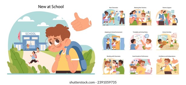 New at school concept. Students first day experience and interactions at unknown place. Making friends, learning routines, getting accustomed to local rules. Flat vector illustration