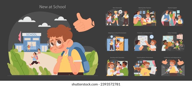 New at school dark or night mode set. Students first day experience and interactions at unknown place. Making friends, learning routines, getting accustomed to local rules. Flat vector illustration