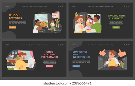 New at school dark or night mode web, landing set. Building friendships and self-assurance at school. Getting high grades, appreciation from peers and classmates. Flat vector illustration