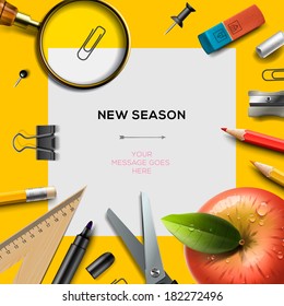 New School Season Invitation Template With Office Supplies, Back To School Background, Vector Illustration. 