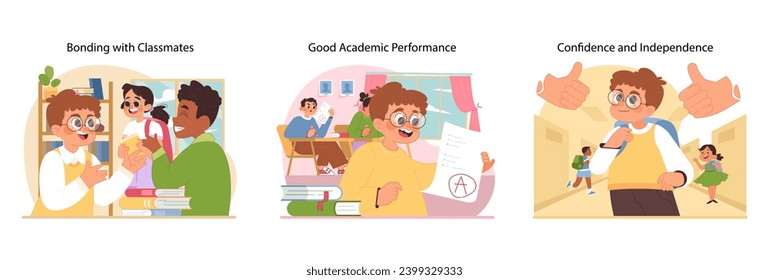 New at school set. Shared moments of learning bloom into friendships and self-assurance at school. Getting high grades, appreciation from peers and classmates. Flat vector illustration