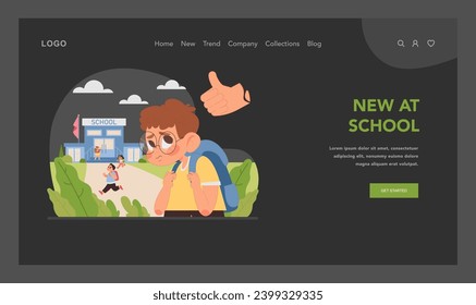 New at school web or landing. Shy boy going to unknown place, supported by thumbs up. First steps into bustling schoolyard, capturing the anticipation of new beginnings. Flat vector illustration