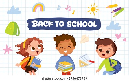 New school year celebration concept. Beginning of academic year. Back to school flyer with group of diverse children. School fair with school supplies, school-themed design. Flat vector illustration
