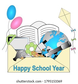 New School Year greeting card. Large envelope with school belongings. Everything necessary for successful school year.