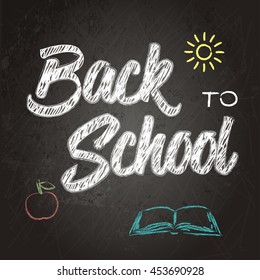 New school year welcoming message vector illustration in retro style. Welcome back to school  stationery supplies sale banner with chalkboard background & hand drawn icons. Layered, editable