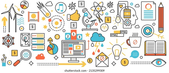 New science research technology. Creative analysis and search of information innovate education abstract process, brainstorm and idea invention in infographic concept banner, thin line art design