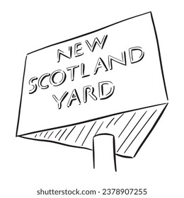 New Scotland Yard Sign. London. The Metropolitan Police Headquarters located in Victoria Embankment. Line drawn sign.