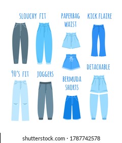 New season fashionable women jeans types collection. Modern female jean pants and shorts different models. Flat vector illustration. Slouchy fit, paper bag waist, kick flare, bermuda shorts