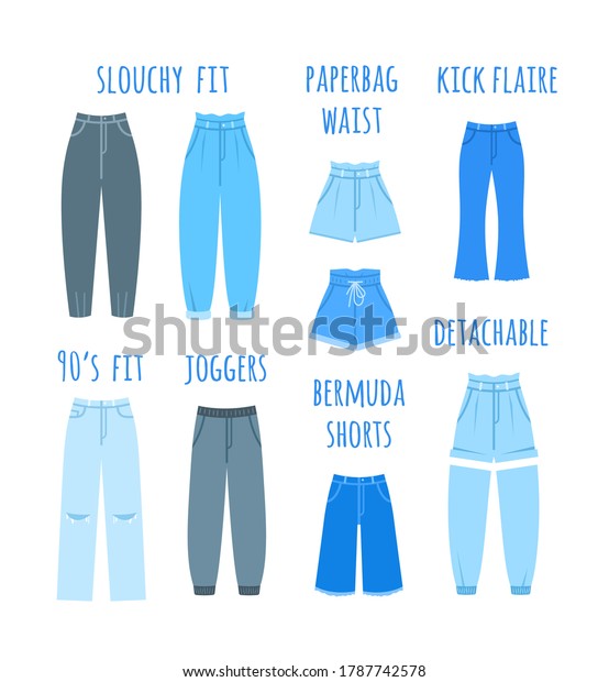 New season fashionable women jeans types\
collection. Modern female jean pants and shorts different models.\
Flat vector illustration. Slouchy fit, paper bag waist, kick flare,\
bermuda shorts