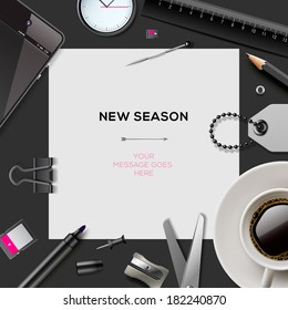 New Season Invitation Template With Office Supplies, Vector Illustration. 