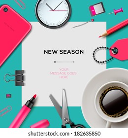 New season invitation template with office supplies for fashion girls, mint color background, pink accessories, vector illustration. 