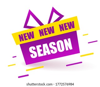 New season Label. Purple gift box, Modern Web Banner Element Promotion background Offer. Vector banner in modern flat style on white.