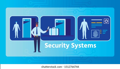 New Security System on Checkpoint Advertising Flat Banner. Cartoon Policeman Character,  Baggage Control Inspection. Fingerprint Readout for Finding Personal Data. Vector Illustration