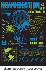 New selection text with statue vector Translation: "Paranoia." design for t-shirt graphics, banner, fashion prints, slogan tees, stickers, flyer, posters and other creative use