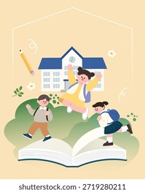 Ilustración conceptual de Nuevo semestre con un fondo escolar, un libro abierto y tres estudiantes caminando hacia adelante con emoción para un nuevo comienzo