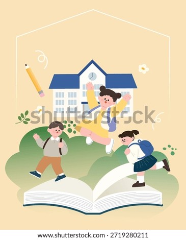 New semester concept illustration featuring a school background, an open book, and three students walking forward with excitement for a fresh start