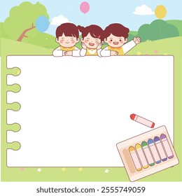 New semester, infant, nursery, crayon, nursery, nursery, children, grass, spring, garden, hill, nature, background, frame, children's day,