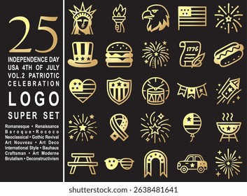 New set with 25 USA themed graphics including celebration 4th of July elements: barbeque, starburst, arch, patriot car, grill, fireworks, ribbons, picnic symbols