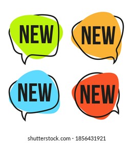 New, set of colorful speech bubbles. Curly banners, stickers, posters, badges. Doodle style.
