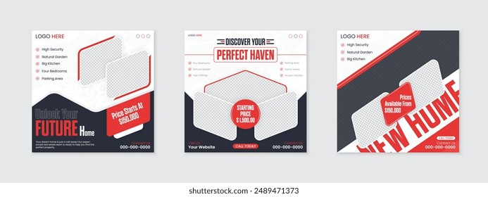New set of creative real estate social media post design template bundle, modern home or house sale square ads promotion web banner layout with place for photos, editable trendy unique vector posts