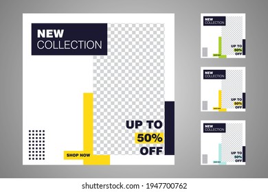 Nuevo conjunto de plantillas de banners mínimas editables. Adecuado para publicaciones en medios sociales y anuncios web o en internet. Ilustración vectorial con colegio fotográfico.