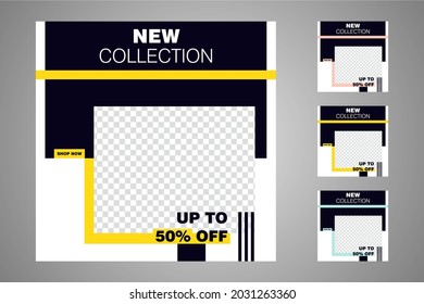 Nuevo conjunto de plantillas de banners mínimas editables. Adecuado para publicaciones en medios sociales y anuncios web o en internet. Ilustración vectorial con colegio fotográfico.