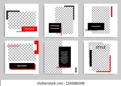 New Set of Editable minimal square banner template. Black and red background color with stripe line shape. Suitable for social media post and web/internet ads. Vector illustration with photo college.