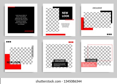 New Set of Editable minimal square banner template. Black and red background color with stripe line shape. Suitable for social media post and web/internet ads. Vector illustration with photo college.