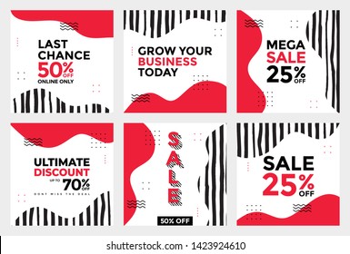 New Set of Editable minimal square banner template. Black and red background color with stripe line shape, perfect for social media