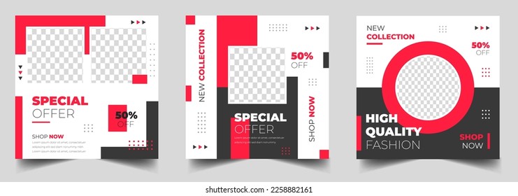 Nuevo conjunto de plantillas de banner cuadrado mínimo editable. Ilustración vectorial con colegio fotográfico. venta de moda social media posteo de la plantilla de diseño de banner con color rojo. descuento, venta de moda, mega venta.