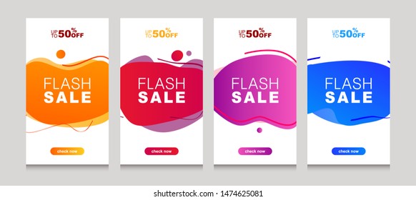 New set of flash sale banners with dynamic modern liquid mobile concept. special offer and sale banner discount up to 50% template design with editable text - Vector