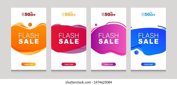 New set of flash sale banners with dynamic modern liquid mobile concept. special offer and sale banner discount up to 50% template design with editable text - Vector