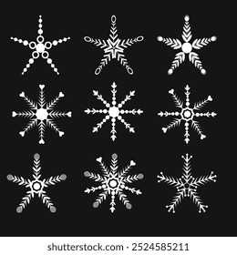 New set of Flat design line snowflakes vector  Icon White | Snowflakes  Ice Crystal Winter Symbol Flat design  on dark  background vector eps 10