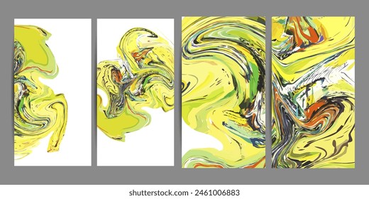 Nuevo Set Flyers Plantilla de diseño con mezcla de pinturas acrílicas. Textura de mármol líquido. Aplicable para la cubierta del diseño, el volante, el póster, el cartel. Pinturas mixtas verde, marrón y amarillo