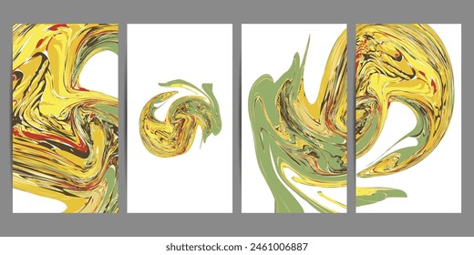 New Set Flyers layout template with mixture of acrylic paints. Liquid marble texture. Applicable for design cover, flyer, poster, placard. Mixed green, brown and yellow paints