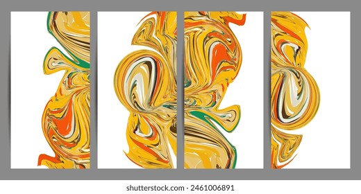 New Set Flyers layout template with mixture of acrylic paints. Liquid marble texture. Applicable for design cover, flyer, poster, placard. Mixed green, brown and yellow paints