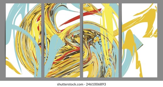Nuevo Set Flyers Plantilla de diseño con mezcla de pinturas acrílicas. Textura de mármol líquido. Aplicable para la cubierta del diseño, el volante, el póster, el cartel. Pinturas mixtas verde, marrón y amarillo